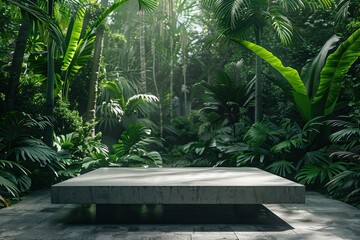 Ultra Hd Visual of Concrete Podium Tabletop Floor in Outdoor Tropical Garden Forest