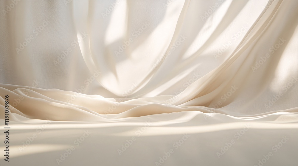Aufkleber Sunlight filtering through elegant sheer white curtains, creating soft shadows