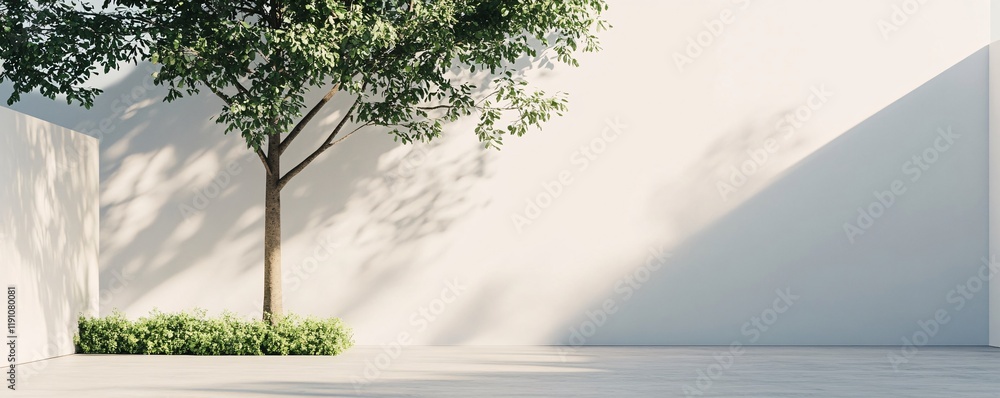 Poster lonely tree casting a shadow on a white wall in a minimalist courtyard