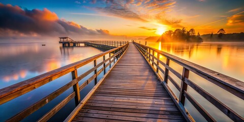 Obraz premium Sunrise Long Exposure: Wooded Bridge over Harbor at Dawn