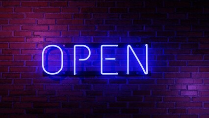 Blue open neon sign on brick wall	