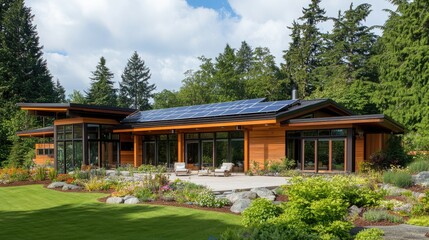 Naklejka premium A cozy modern home with renewable energy systems, including solar panels and an eco-friendly garden.