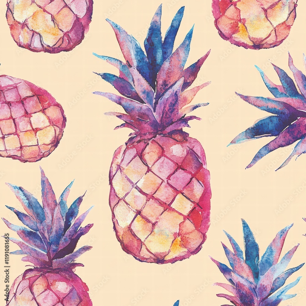 Poster Colorful watercolor pineapple pattern on a light background perfect for summer decor and design projects. Generative AI