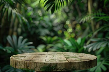 Pixel Perfect Image of Old Wood Podium in Tropical Forest with Greenery for Organic Products
