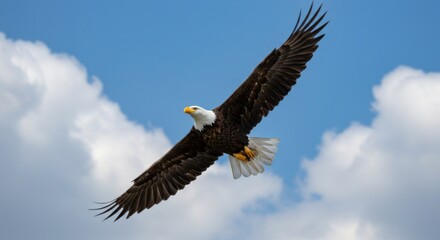 Majestic bald eagle in flight against a clear blue sky with detailed feathers and sharp focus. Perfect for patriotic themes, wildlife enthusiasts, and nature-inspired designs