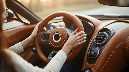 Close up view of a person s hands on a leather wrapped steering wheel inside the dashboard of a modern high end automobile  The car s interior features a sleek