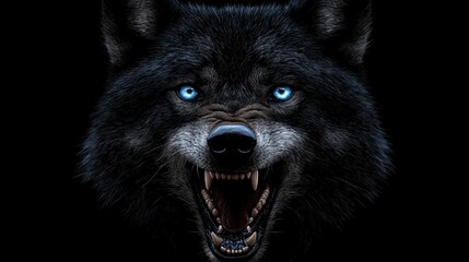 Fierce Black Wolf with Intense Blue Eyes Against Black Background
