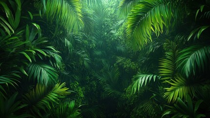 Lush Green Jungle Scene with Dense Tropical Foliage and Sunlight