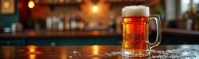 Frosty amber ale in mug sits invitingly on rustic wooden bar counter. Warm pub lights softly illuminate background. Cold brew beverage, ready to drink, full of refreshment. Relaxing pub scene.