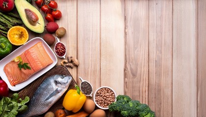 Background healthy food. Fresh vegetables, fruits, meat and fish on wooden table. Healthy