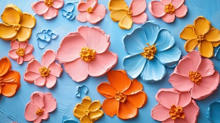 Obraz premium Vibrant Floral Textures with Colorful Paint Strokes on Blue Canvas