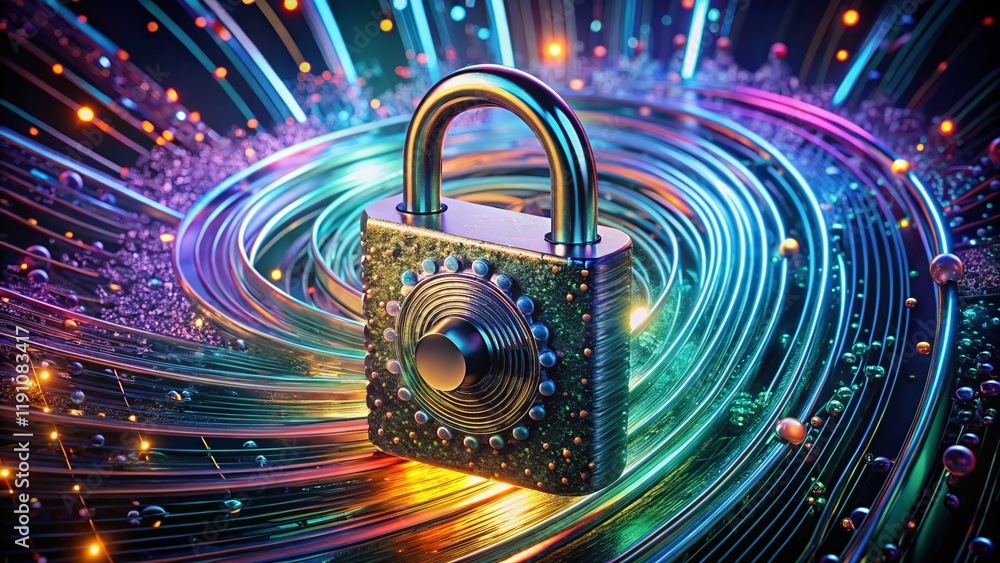 Poster surreal 3d render: digital padlock shielded by data stream flow