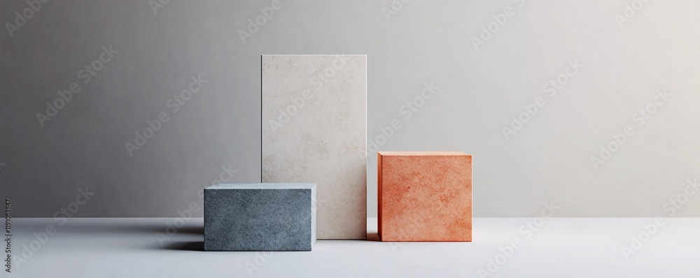 Fototapete minimalist empty stone podium displaying different colored cubes on white background