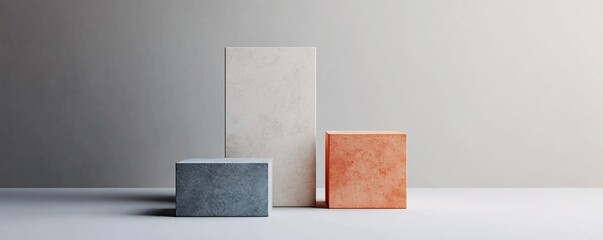 Minimalist empty stone podium displaying different colored cubes on white background
