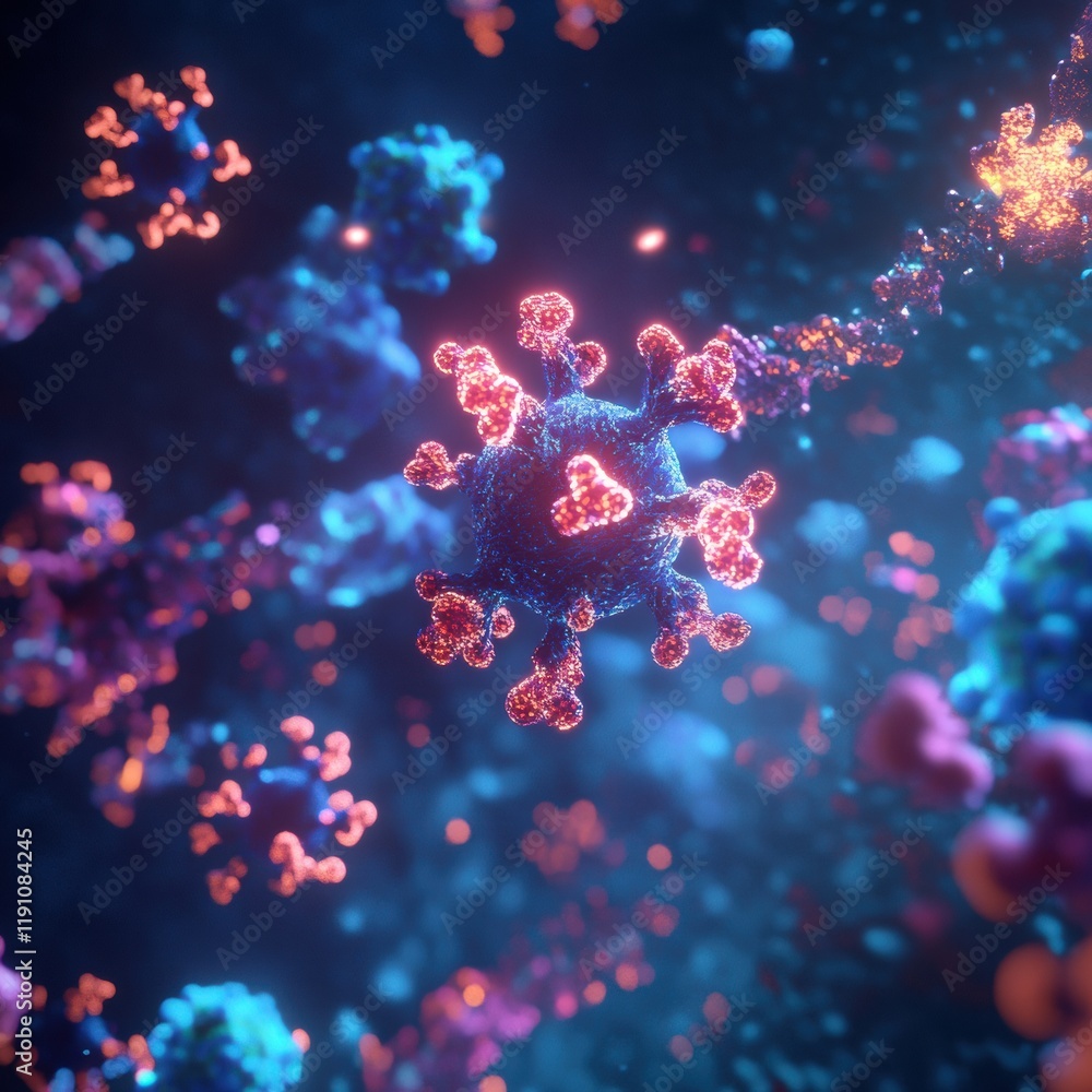 Poster antibodies engage with glowing viruses in a dynamic immunological battle. generative ai
