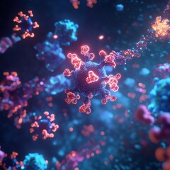 Naklejka premium Antibodies engage with glowing viruses in a dynamic immunological battle. Generative AI