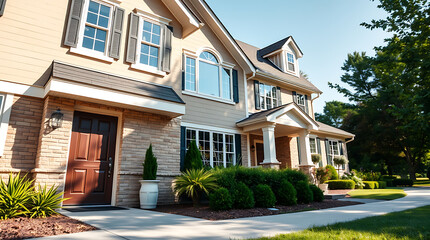 Luxury Home Exterior: Brick and Stone Architecture with Landscaped Garden