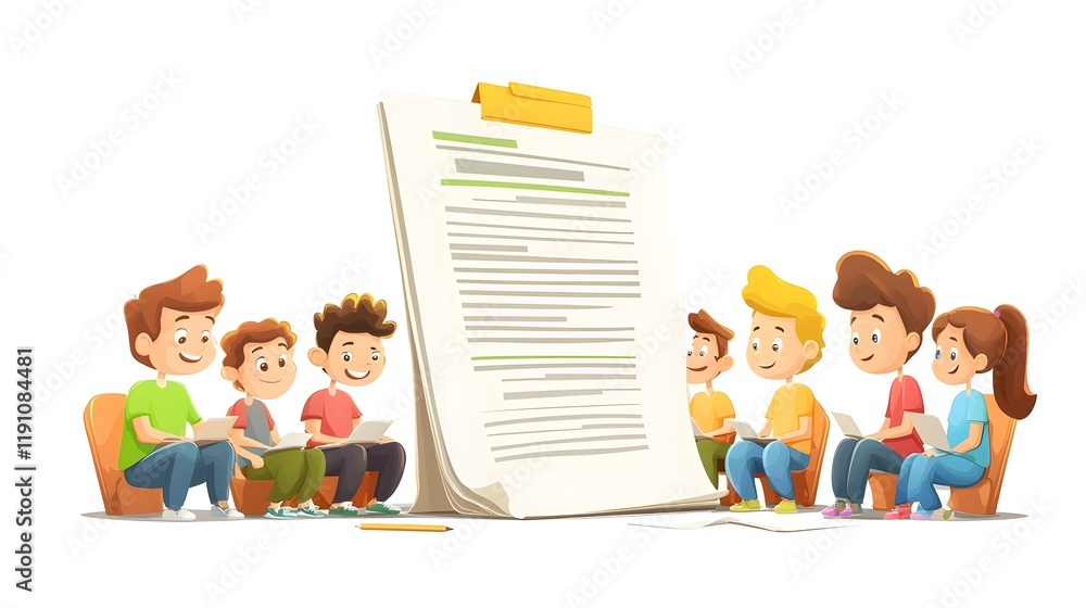 Poster of a group of cartoon characters sitting around a large document file engaged in a collaborative bra