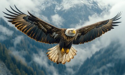 Fototapeta premium Majestic bald eagle soaring, wings spread wide.