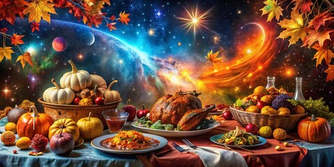 Fototapeta premium Surreal Autumn Thanksgiving: Cosmic Harvest with Space for Text Overlay