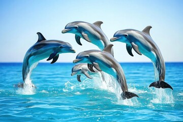 Obraz premium Group of dolphins playing and leaping in vibrant ocean