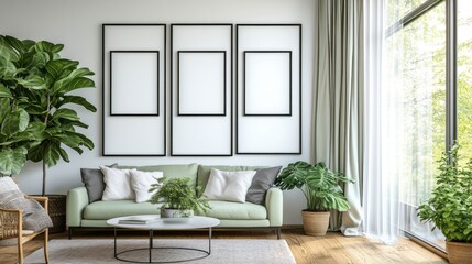 Naklejka premium Modern Living Room Interior Design with Green Plants and Sofa