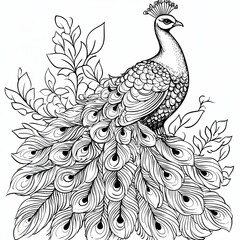 Fototapeta premium Cute animals isolated on white background, Cute Cartoon with Clean Outlines for Coloring Practice, Cute Cartoon Doodle with Clean Lines for Coloring Coloring Practice Cartoon Illustrations. Peacock