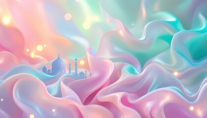 Pastel Mosque Silhouette in Dreamlike Fabric Waves