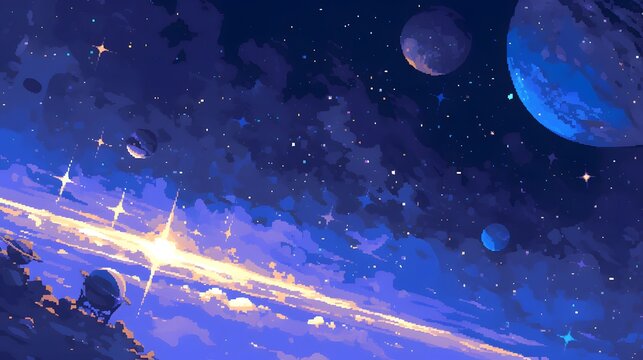 A pixel art background with a pixelated space scene, planets, and distant stars