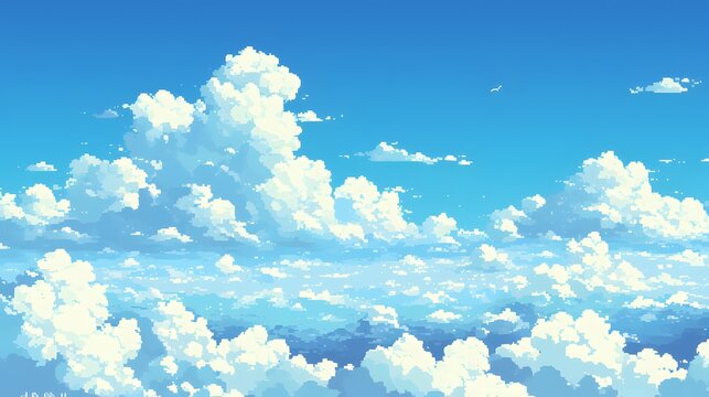 A pixel art background depicting a clear blue sky with fluffy clouds, suitable for platformers or adventure games