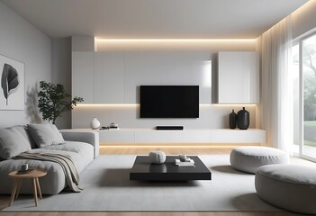 Modern minimalist living room interior design with a flat screen television