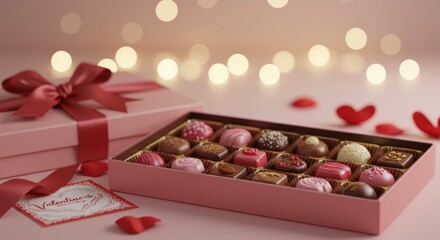 Sweet Surrender: Indulge in a lavish box of assorted chocolates with a delicate red bow beside a gift box and Valentine's Day card, a testament to luxury and decadence.