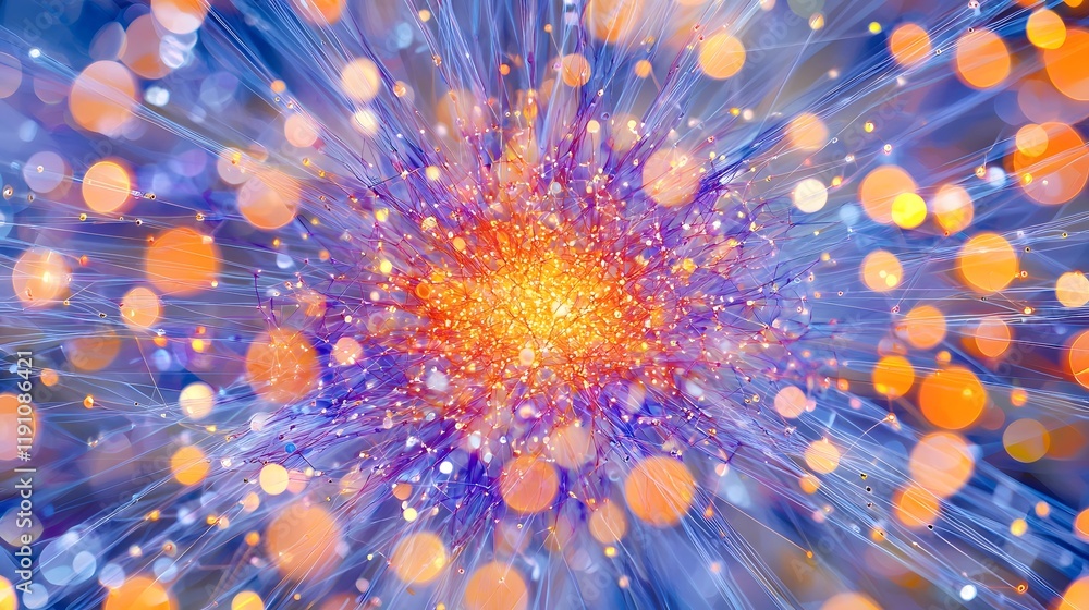 Poster radiating data hubs in a dynamic futuristic network themed big data concept colorful digital particl