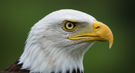 Naklejka premium Close-up of a bald eagle's fierce gaze, with detailed textures and soft-focus background. Ideal for wildlife posters, educational materials, and inspirational themes