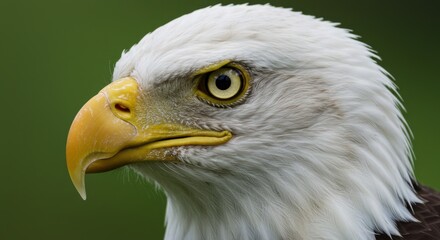 Obraz premium Close-up of a bald eagle's fierce gaze, with detailed textures and soft-focus background. Ideal for wildlife posters, educational materials, and inspirational themes