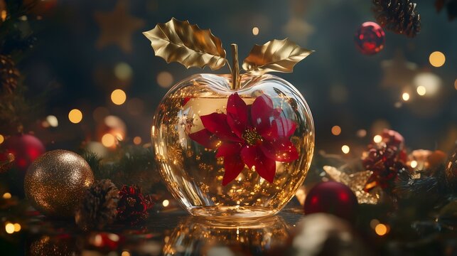 Glass apple ornament with a red poinsettia and golden leaves surrounded by festive holiday decorations.