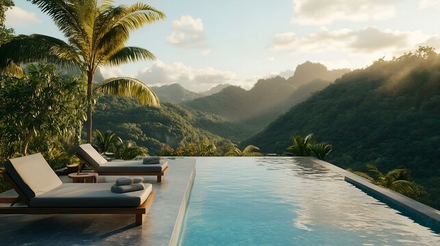 Luxury infinity pool overlooking lush green mountains, surrounded by tropical plants and peaceful scenery.