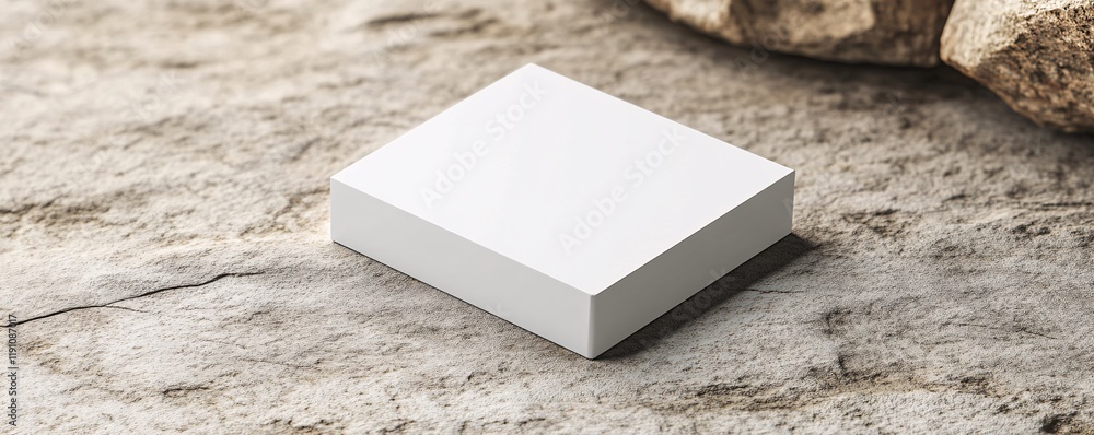 Poster White square box standing on stone surface next to rocks for product placement
