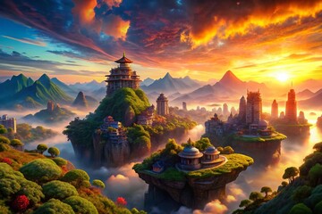 Surreal Cityscape Panorama: Dreamlike Mountaintop View