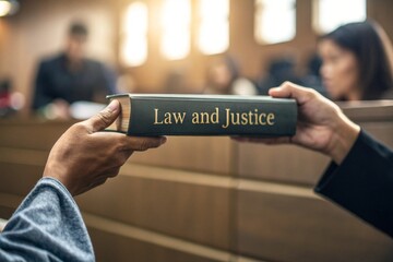 Close-up of hands holding a law and justice book in a courtroom setting.Crime victims support day