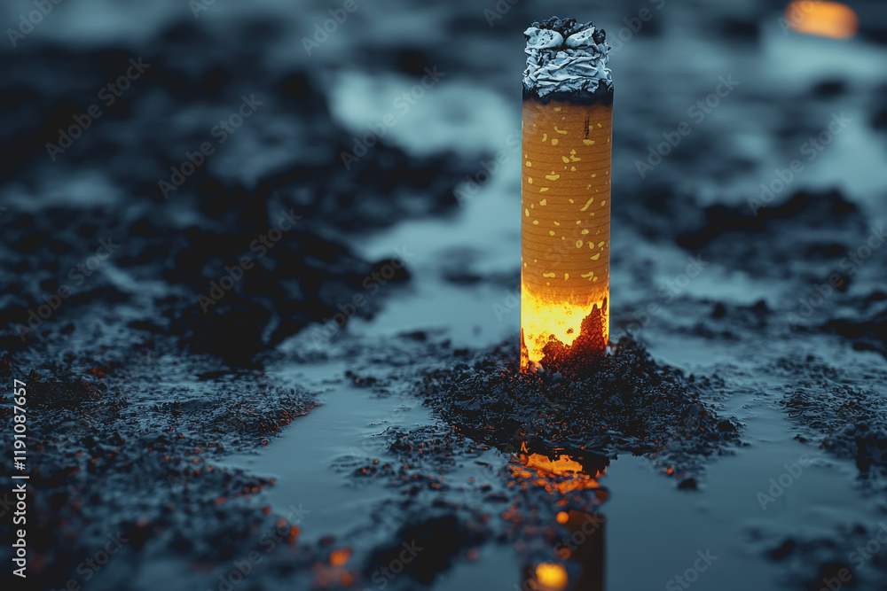 Poster cigarette glowing in the dark water creating an ethereal reflection while smoke swirls around in mys