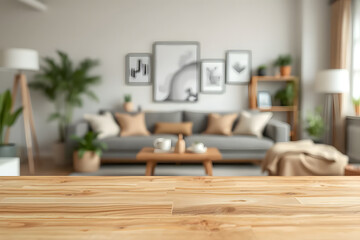 Empty wooden table top with blurred living room interior background. Space for product display and montage.