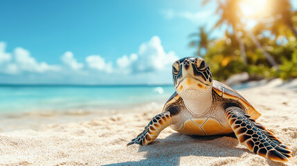Obraz premium Cute sea turtle crawling along the shore against the background of the ocean and palm trees. Tropical island vacation concept.
