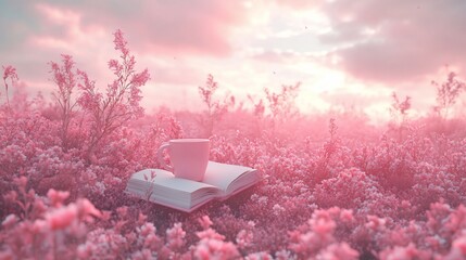 A serene scene with a book and a cup in a pink flower field.