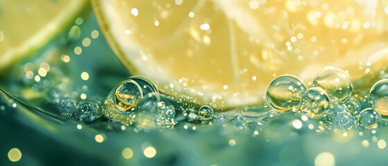 Refreshing lemon slices surrounded by sparkling bubbles in clear water. Generative AI