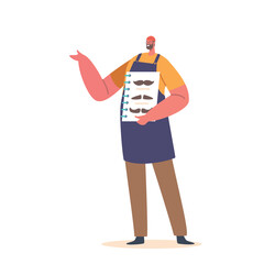 Barber Male Character Holding Samples of Mustaches Styles Isolated on White Background. Hairdresser Master Wear Apron