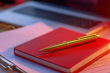 A golden pen on a red notebook with blank pages