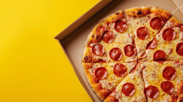 Delicious pepperoni pizza inside cardboard box on vibrant yellow background - Powered by Adobe