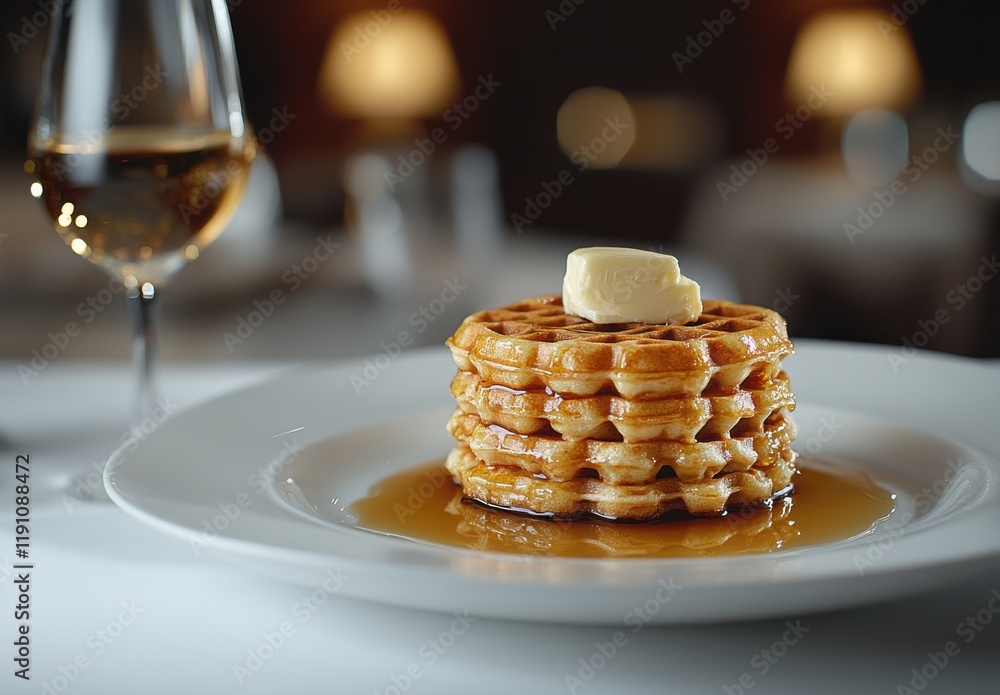 Poster stack of golden waffles topped with melting butter and drizzled with syrup served in an elegant dini