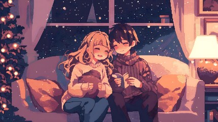 A pixel art couple in cute anime style, radiating warmth and affection